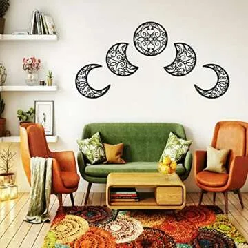 Mlooog Moon Decor Wooden Moon Phase Wall Decor-Bohemian Above Bed Wall Decor For Bedroom - Black Living Room Decor 5 Pack (Flower Of Life)