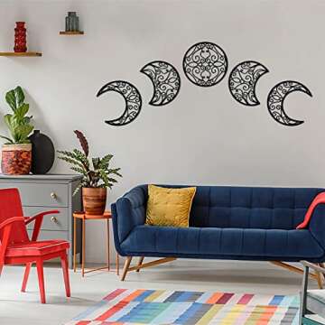 Mlooog Moon Decor Wooden Moon Phase Wall Decor-Bohemian Above Bed Wall Decor For Bedroom - Black Living Room Decor 5 Pack (Flower Of Life)