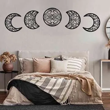 Mlooog Moon Decor Wooden Moon Phase Wall Decor-Bohemian Above Bed Wall Decor For Bedroom - Black Living Room Decor 5 Pack (Flower Of Life)
