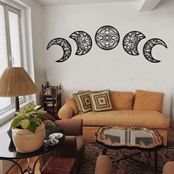 Mlooog Moon Decor Wooden Moon Phase Wall Decor-Bohemian Above Bed Wall Decor For Bedroom - Black Living Room Decor 5 Pack (Flower Of Life)