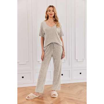 Ekouaer Womens Ribbed Knit Lounge Set Short Sleeve Top and Long Pants Sleepwear Pajama Set Two Piece Matching Outfits Set Champagne
