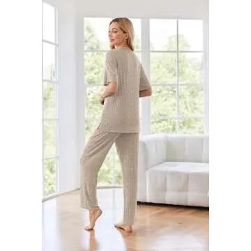 Ekouaer Womens Ribbed Knit Lounge Set Short Sleeve Top and Long Pants Sleepwear Pajama Set Two Piece Matching Outfits Set Champagne