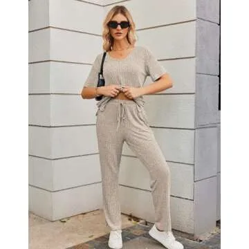 Ekouaer Womens Ribbed Knit Lounge Set Short Sleeve Top and Long Pants Sleepwear Pajama Set Two Piece Matching Outfits Set Champagne