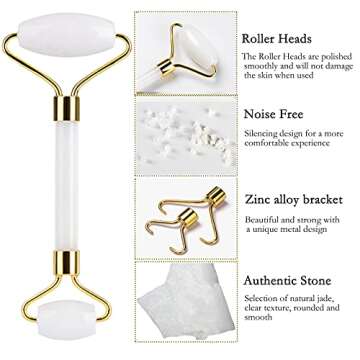 HOTACE Jade Roller Gua Sha Set Natural Jade Stone Roller for Face Beauty Facial Roller Massager Tools Face Slimming Lift Anti Wrinkle Skin Care Tools-White Jade