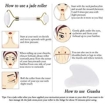 HOTACE Jade Roller Gua Sha Set Natural Jade Stone Roller for Face Beauty Facial Roller Massager Tools Face Slimming Lift Anti Wrinkle Skin Care Tools-White Jade