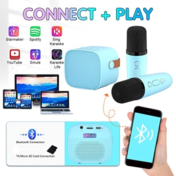 YLL Mini Karaoke Machine for Kids, Portable Bluetooth Speaker with 2 Wireless Microphones, Christmas Birthday Toys Gifts for Boys 3 4 5 6 7 8 9 10 11 12 + Year Old Party Family School(Blue)