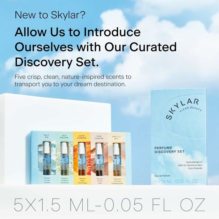 Skylar Eau de Parfum New Discovery Set: Clean Perfume Samples for Women and Men - Fragrance Gift - Includes 5 Mini .05 mL Perfumes - Hypoallergenic and Vegan