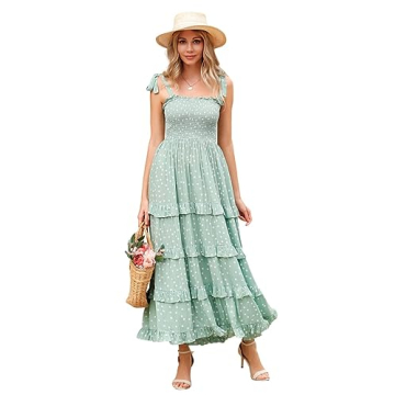 R.Vivimos Women's Summer Straps Cotton Irregular Polka Dot Ruffles Midi Dress