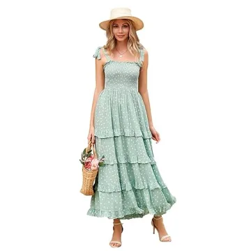 R.Vivimos Women's Summer Straps Cotton Irregular Polka Dot Ruffles Midi Dress