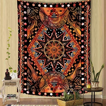 Fowocu Orange Sun and Moon Tapestry Wall Hanging, Indie Hippie Mandala Design for Bedroom & Living R...