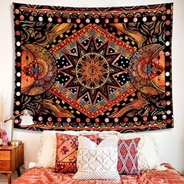 Vibrant Fowocu Orange Sun and Moon Tapestry for Decor