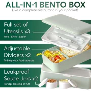 Umami Bento Box Adult All-in-1 w/ 4 Utensils, 100% Leakproof, Dishwasher & Microwave Safe Lunch Containers for Adults w/ 4 Compartments, Green, 40 oz