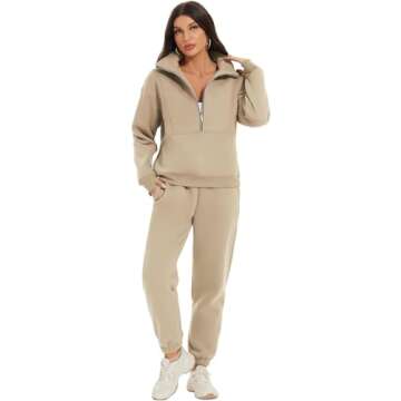 Kissonic Womens Two Piece Outfits Tracksuit Sets Half Zipper Fleece Joggers 2 Piece Long Sleeve Sweatshirts Jogger Pant(Apricot-S)