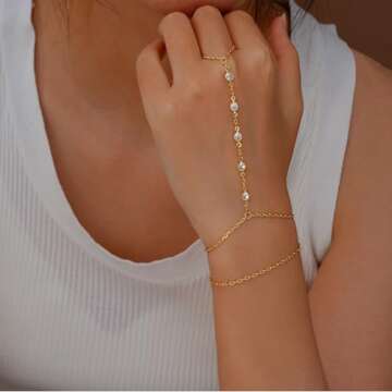 Hand Chain Bracelet Ring Hand Chain 14K Dainty Finger Bracelet Hand Jewelry Gold Bracelet for Women Trendy Summer Essentials Stuff Boho Beach Wedding Jewelry Gifts Adjustable Size(Gold-zircon 02)