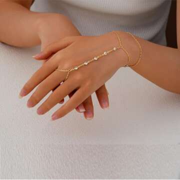 Hand Chain Bracelet Ring Hand Chain 14K Dainty Finger Bracelet Hand Jewelry Gold Bracelet for Women Trendy Summer Essentials Stuff Boho Beach Wedding Jewelry Gifts Adjustable Size(Gold-zircon 02)