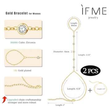 Hand Chain Bracelet Ring Hand Chain 14K Dainty Finger Bracelet Hand Jewelry Gold Bracelet for Women Trendy Summer Essentials Stuff Boho Beach Wedding Jewelry Gifts Adjustable Size(Gold-zircon 02)