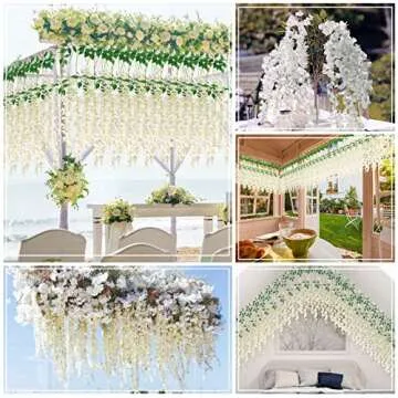 Ranslen 48 Pieces Artificial Wisteria Flower Hanging Silk Garland Vine Ratta Wedding Decor String Home Party Garden Outdoor Decoration Supplies (White, 48)