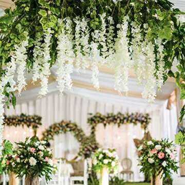 Ranslen 48 Pieces Artificial Wisteria Flower Hanging Silk Garland Vine Ratta Wedding Decor String Home Party Garden Outdoor Decoration Supplies (White, 48)