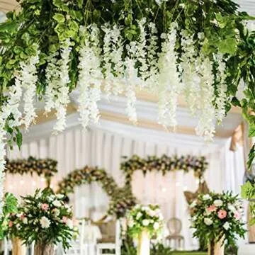 Ranslen 48 Pieces Artificial Wisteria Flower Hanging Silk Garland Vine Ratta Wedding Decor String Home Party Garden Outdoor Decoration Supplies (White, 48)
