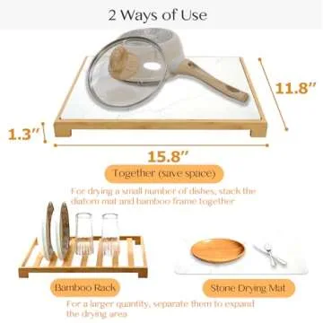 Stone Drying Mat for Kitchen Counter, with a Bamboo Rack Dish Pad，Super Absorbent, Diatomaceous Earth Dish Drying Mat, Quick Drying, Stone Dish Drying Mat, ( 16x12 Inch, White Marble)