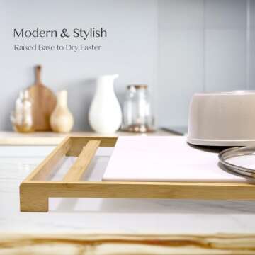 Stone Drying Mat for Kitchen Counter, with a Bamboo Rack Dish Pad，Super Absorbent, Diatomaceous Earth Dish Drying Mat, Quick Drying, Stone Dish Drying Mat, ( 16x12 Inch, White Marble)