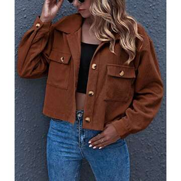 Gihuo Women's Fashion Cropped Shacket Button Down Corduroy Shacket Jackets Casual Plaid Long Sleeve ...