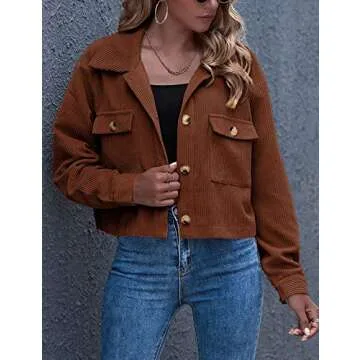 Gihuo Women's Fashion Cropped Shacket Button Down Corduroy Shacket Jackets Casual Plaid Long Sleeve Crop Jackets Tops (Brown, Medium)