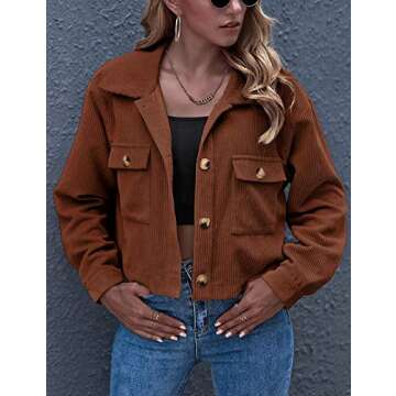 Gihuo Women's Fashion Cropped Shacket Button Down Corduroy Shacket Jackets Casual Plaid Long Sleeve Crop Jackets Tops (Brown, Medium)