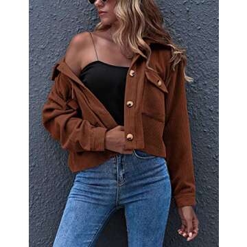 Gihuo Women's Fashion Cropped Shacket Button Down Corduroy Shacket Jackets Casual Plaid Long Sleeve Crop Jackets Tops (Brown, Medium)
