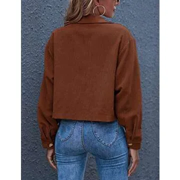 Gihuo Women's Fashion Cropped Shacket Button Down Corduroy Shacket Jackets Casual Plaid Long Sleeve Crop Jackets Tops (Brown, Medium)