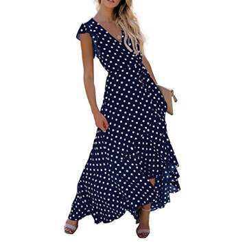 GRECERELLE Women's Summer Floral Print Cross V Neck Dress Bohemian Flowy Long Maxi Dress PD-Navy Blue-Small