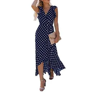 GRECERELLE Women's Summer Floral Print Cross V Neck Dress Bohemian Flowy Long Maxi Dress PD-Navy Blue-Small