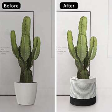 TIMEYARD Woven Cotton Rope Plant Basket for 10" Flower Pot Floor Indoor Planters, 11" x 11" Storage Basket Organizer Modern Home Decor, Black and White Stripes