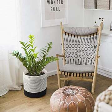 TIMEYARD Woven Cotton Rope Plant Basket for 10" Flower Pot Floor Indoor Planters, 11" x 11" Storage Basket Organizer Modern Home Decor, Black and White Stripes