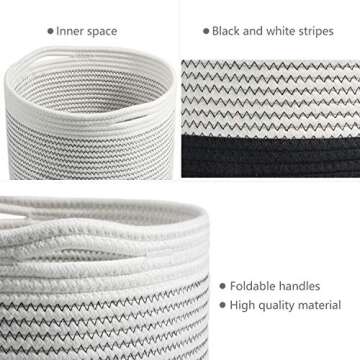 TIMEYARD Woven Cotton Rope Plant Basket for 10" Flower Pot Floor Indoor Planters, 11" x 11" Storage Basket Organizer Modern Home Decor, Black and White Stripes