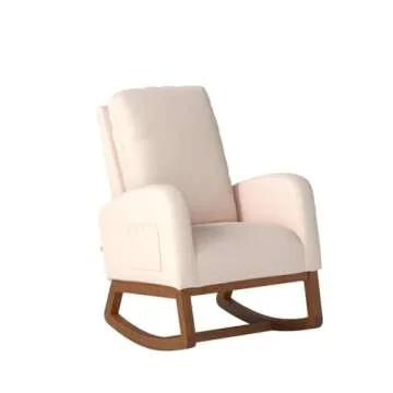 Dolonm Rocking Chair Mid-Century Modern Nursery Rocking Armchair Upholstered Tall Back Accent Glider Rocker for Living Room (Beige)