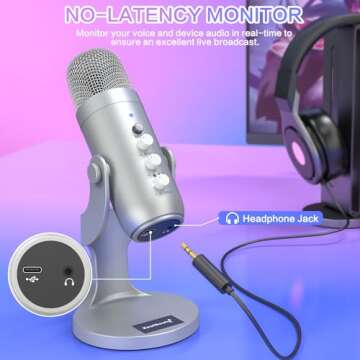 ZealSound USB Microphone,Condenser Computer PC Mic,Plug&Play Gaming Microphones for PS 4&5.Headphone Output&Volume Control,Mic Gain Control,Mute Button Vocal,YouTube Podcast on Mac&Windows(Silver)