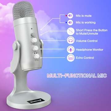 ZealSound USB Microphone,Condenser Computer PC Mic,Plug&Play Gaming Microphones for PS 4&5.Headphone Output&Volume Control,Mic Gain Control,Mute Button Vocal,YouTube Podcast on Mac&Windows(Silver)