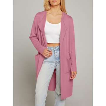 MEROKEETY Women's Collared Lapel Knitted Coatigan Warm Winter Coat Business Casual Cardigan Fall, Pink, Small