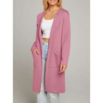 MEROKEETY Women's Collared Lapel Knitted Coatigan Warm Winter Coat Business Casual Cardigan Fall, Pink, Small