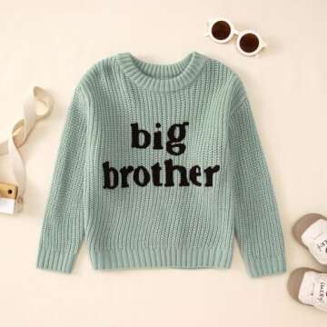 Big Brother Sweater Toddler Boy Letter Embroidery Knit Sweater Baby Crewneck Knitted Sweatshirt Fall Winter Warm Top(Green,4-5T(110))