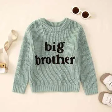 Big Brother Sweater Toddler Boy Letter Embroidery Knit Sweater Baby Crewneck Knitted Sweatshirt Fall Winter Warm Top(Green,4-5T(110))