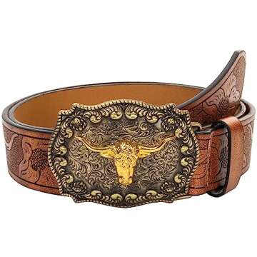 Vikodah Men Women-Western-Cowboy-Leather-Belts - Longhorn Bull Pattern Buckle Belt Floral Engraved Buckle Belt for Jeans