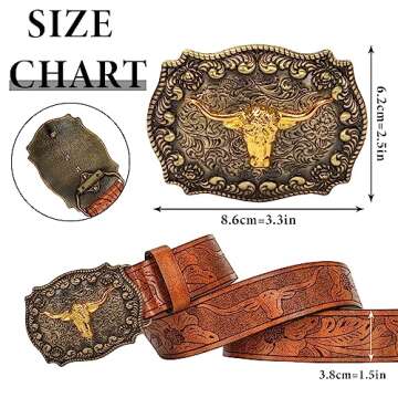 Vikodah Men Women-Western-Cowboy-Leather-Belts - Longhorn Bull Pattern Buckle Belt Floral Engraved Buckle Belt for Jeans