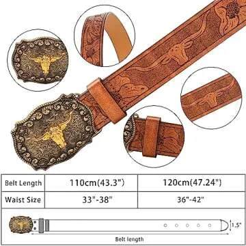 Vikodah Men Women-Western-Cowboy-Leather-Belts - Longhorn Bull Pattern Buckle Belt Floral Engraved Buckle Belt for Jeans