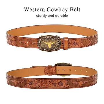 Vikodah Men Women-Western-Cowboy-Leather-Belts - Longhorn Bull Pattern Buckle Belt Floral Engraved Buckle Belt for Jeans