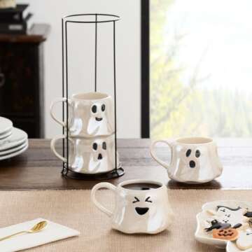 Way To Happiness 13-Ounce Halloween White Ghost Stoneware Stackable Mug Set with Iron Rack, Cute and...