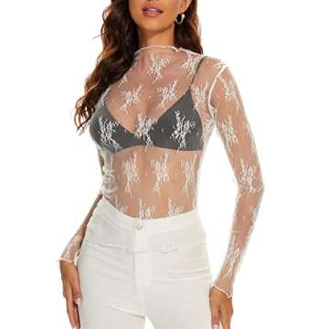 AILBBE Mesh Long Sleeve Layering Top for Women - Mock Neck Floral