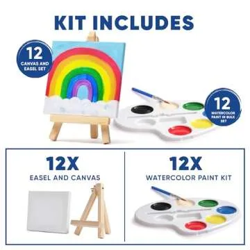Mini Canvas and Easel Set with Mini Watercolor Paint in Bulk Set of 12 - Kids Art Party Favors & Party Supplies - 4x4" Small Canvases for Painting with Mini Easel - Water Colors Paint for Kids