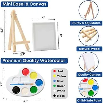 Mini Canvas and Easel Set with Mini Watercolor Paint in Bulk Set of 12 - Kids Art Party Favors & Party Supplies - 4x4" Small Canvases for Painting with Mini Easel - Water Colors Paint for Kids